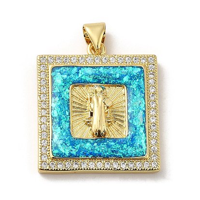 Rack Plating Brass Micro Pave Cubic Zirconia with Synthetic Opal Pendants, with Jump Ring, Lead Free & Cadmium Free, Long-Lasting Plated, Square with Saint