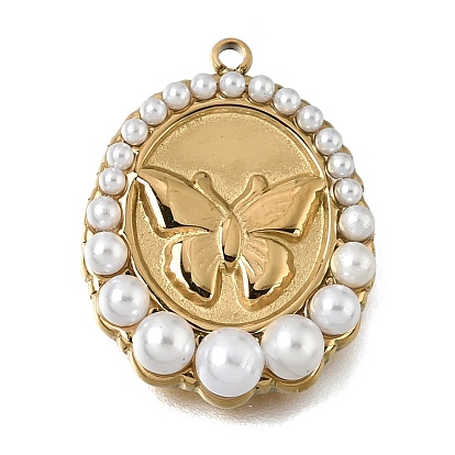 304 Stainless Steel & ABS Imitation Pearl Pendants, Oval with Butterfly Charms, Ion Plating(IP), Long-Lasting Plated