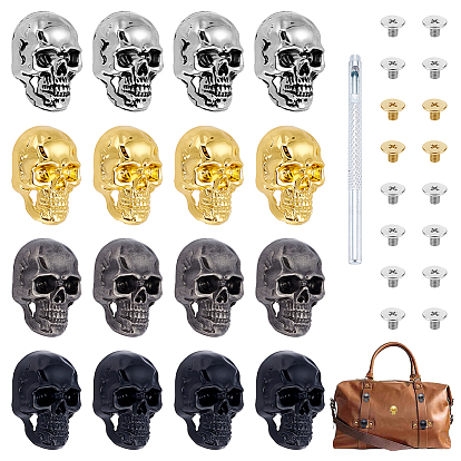 16шт. 4 стили, декоративные заклепки из сплава в виде черепа на Хэллоуин, с 1шт. высокоуглеродистой стальной пробойником