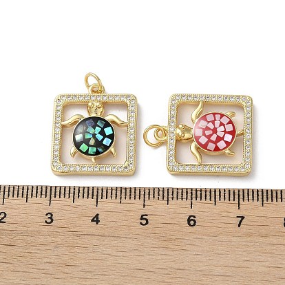 Brass Micro Pave Clear Cubic Zirconia Pendants, with Enamel, Shell and Jump Ring, Real 18K Gold Plated, Square with Tortoise