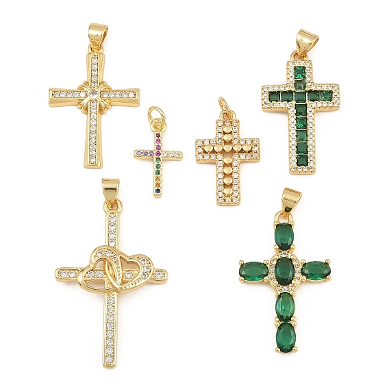 Brass Micro Pave Cubic Zirconia Pendants, Cross Charms, Cadmium Free & Lead Free, Golden