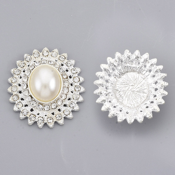 Alloy Flat Back Cabochons, with Crystal Rhinestone, ABS Plastic Imitation Pearl Beads, Oval, Flower Shape