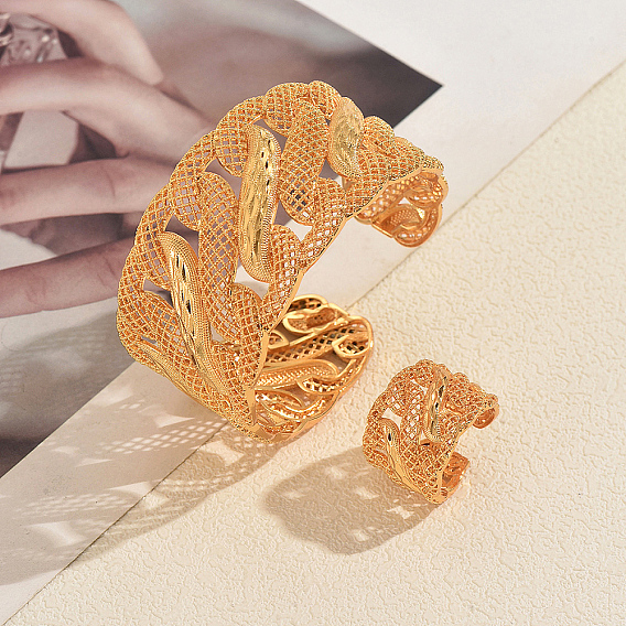 Vintage Alloy Filigree Cuff Bangle & Ring Set, Open Cuff Jewelry with Mesh Design for Women