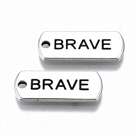 Tibetan Style Alloy Pendants, Lead Free & Cadmium Free, Inspirational Message Charms, Rectangle with Word Brave