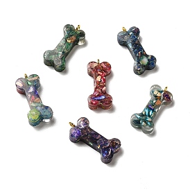 Transparent Resin Pendants, Dog Bone Charms, with Natural Opal and Dyed Imperial Jasper, Golden