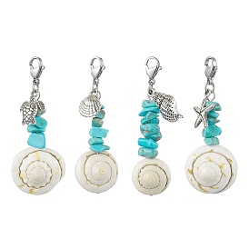 4Pcs 4 Styles Sea Animal Alloy & Natural Shiva Eye Shell Pendant Decorations, Synthetic Turquoise Chip & Lobster Clasps Charms for Bag Ornaments