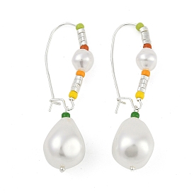 Brass & Glass & Plastic Imitation Pearl Teardrop Hoop Earrings