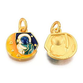 Alloy Enamel Charms, Cadmium Free & Lead Free, with Glitter Powder and Jump Rings, Matte Gold Color, Moon with Spaceman
