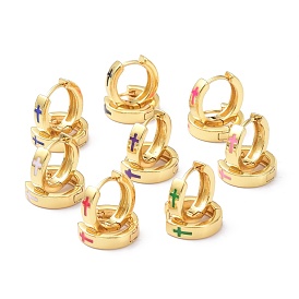 Brass Enamel Hoop Earrings, Real 18K Gold Plated, Ring with Cross, Cadmium Free & Lead Free