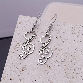 304 Stainless Steel Dangle Earrings, Musical Note with Heart