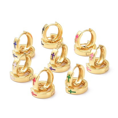 Brass Enamel Hoop Earrings, Real 18K Gold Plated, Ring with Cross, Cadmium Free & Lead Free