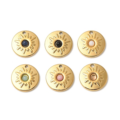 Плоские круглые подвески из натурального смешанного камня, с 304 установками из нержавеющей стали, ионное покрытие (ip)