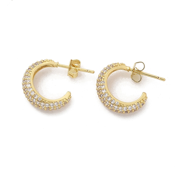 Серьги-гвоздики из латуни в форме буквы С с микропаве из прозрачных кубических цирконий, стойки покрытие, долговечный, без свинца и без кадмия