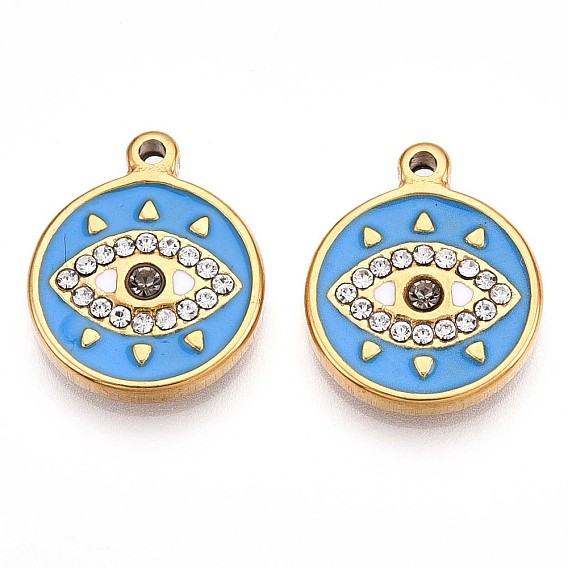 304 подвески из нержавеющей стали с эмалированными стразами, плоский круглый сглаз, ионное покрытие (ip), реальный 18 k позолоченный