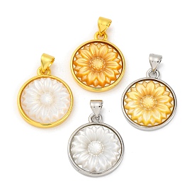 Natural Shell Carved Sunflower Pendants, Rack Plating Brass Flat Round Charms