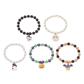 5Pcs 5 Styles Pumpkin & Ghost Alloy Enamel Charm Bracelet Sets, Halloween Themed Round Glass Pearl Beaded Stretch Stackable Bracelets