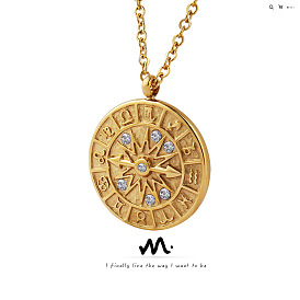 Complex round plate inlaid with zircon embossed constellation dial hour hand pendant necklace titanium steel plated with 18K gold