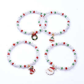 Рождественские браслеты с подвесками, со стеклянными бисеринами, акриловые бусины с имитацией жемчуга и подвески из сплава эмали, разнообразные
