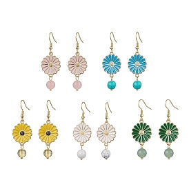 Daisy Flower Alloy Enamel Dangle Earrings, Natural & Synthetic Mixed Gemstone Drop Earrings
