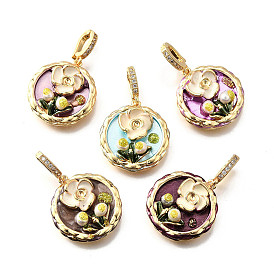Латунные подвески с микропаве из кубического циркония и эмали, плоский круглый с цветными чарами, с блестящей пудрой и натуральным пресноводным жемчугом, реальный 18 k позолоченный