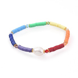 Handmade Polymer Clay Stretch Bracelets, with Natural Pearl Beads, Glass Beads and Alloy Spacer Beads