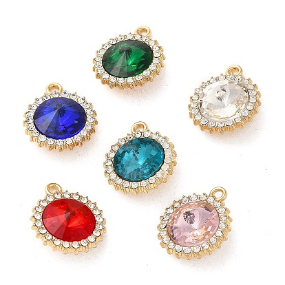 Rack Plating Alloy Pendants, with Rhinestone and Glass, Flat Round Charm, Golden