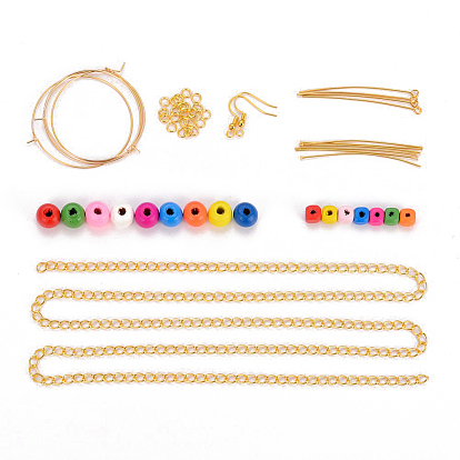 DIY Earrings Making, with Wood Beads, Brass Jump Rings, Eye Pins, Head Pins, Earring Hooks, Iron Twisted Chains, 304 Stainless Steel Wine Glass Charms Rings, Golden