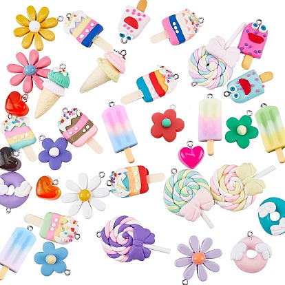 Handmade Polymer Clay & Resin Pendants, with Platinum Tone Iron Screw Eye Pin Peg Bails, Mixed Shapes