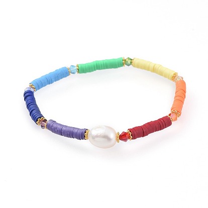 Handmade Polymer Clay Stretch Bracelets, with Natural Pearl Beads, Glass Beads and Alloy Spacer Beads