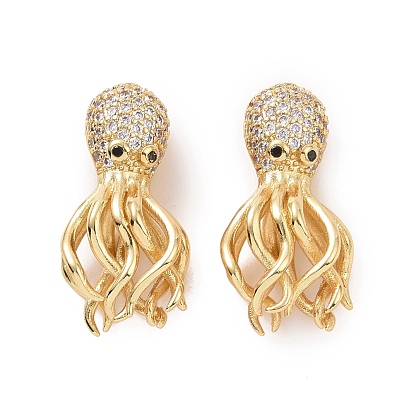 Eco-friendly Rack Plating Brass Micro Pave Cubic Zirconia Beads, Cadmium Free & Lead Free, Long-Lasting Plated, Octopus
