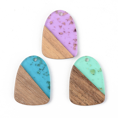 Transparent Resin & Walnut Wood Pendants, with Gold Foil, Teardrop