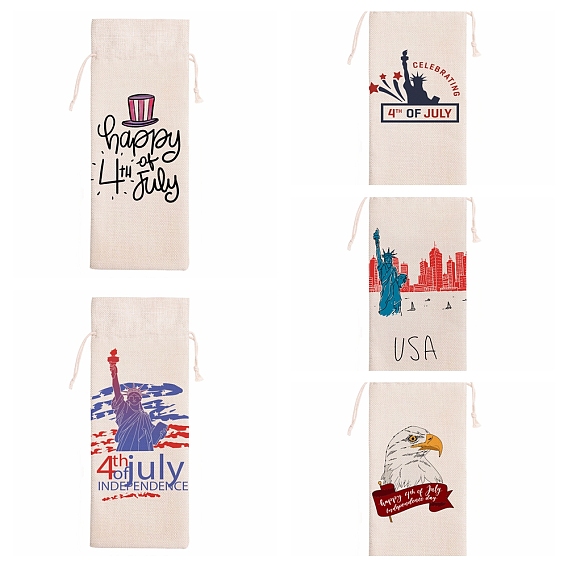 Independence Day Linen Packing Pouches, Drawstring Bags, Rectangle with Human/Eagle/Word Pattern