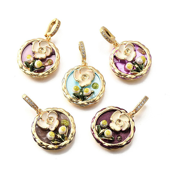 Латунные подвески с микропаве из кубического циркония и эмали, плоский круглый с цветными чарами, с блестящей пудрой и натуральным пресноводным жемчугом, реальный 18 k позолоченный