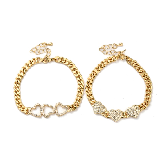 Латунные микро-паве с прозрачным кубическим цирконием, тройное сердце, кубинские звенья, браслеты для женщин