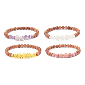 Natural Mixed Gemstone Beaded Stretch Bracelet, Wood Beads Bracelets