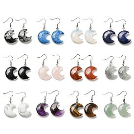 Natural & Synthetic Mixed Gemstone Crescent Moon Dangle Earrings, Rack Plating Platinum Brass Earrings, Cadmium Free & Lead Free