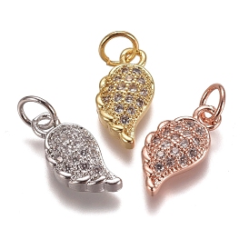 Brass Micro Pave Clear Cubic Zirconia Charms, with Jump Rings, Wing