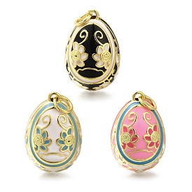 Brass Enamel Pendants, with Jump Ring, Real 18K Gold Plated, Egg with Flower Charm