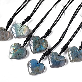 Natural Labradorite Heart Pendant Necklaces, Adjustable Black Cord Braided Necklaces