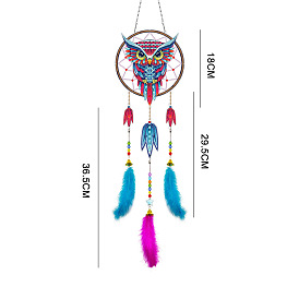 DIY Owl Diamond Painting Web with Feather Wind Chime Kits, Including Resin Rhinestones, Diamond Sticky Pen, Tray Plate and Glue Clay