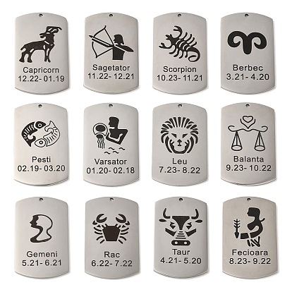 304 Stainless Steel Pendants, Stainless Steel Color, Rectangle with Constellation Charm