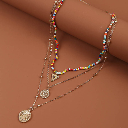 Bohemian Handmade Rice Bead Coin Multilayer Necklace - European and American, Geometric Pendant.
