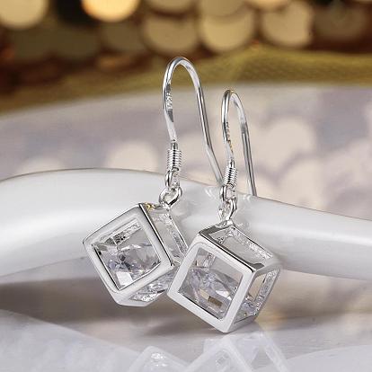 Elegant Fashion Cube Brass Cubic Zirconia Dangle Earrings