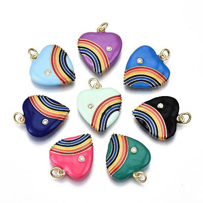 Brass Micro Pave Cubic Zirconia Pendants, with Enamel and Jump Ring, Nickel Free, Real 16K Gold Plated, Heart