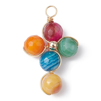 Natural Agate Dyed Faceted Round Pendants, Eco-Friendly Light Gold Plated Copper Wire Wrapped Cross Charms, Colorful