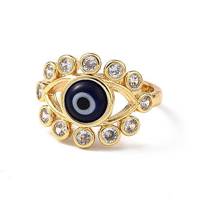 Lampwork Evil Eye Open Cuff Ring with Clear Cubic Zirconia, Real 18K Gold Plated Brass Jewelry for Women