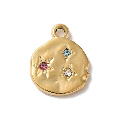 304 Stainless Steel Pendants, with Colorful Rhinestone, Flat Round with Star Charm