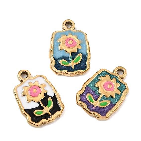 303 Stainless Steel Enamel Pendants, Rectangle with Flower Charms, Ion Plating(IP), Golden