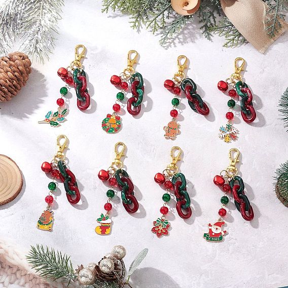 Подвесные украшения из сплава эмали и стекла на рождественскую тематику, с алюминиевыми подвесками-колокольчиками и поворотными карабинами из сплава