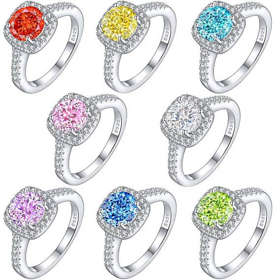 925 Кольца с простой полосой из стерлингового серебра с микропаве и кубическим цирконием, Реальная платина, квадратный